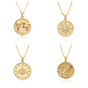 Vintage 18K Gold Plated Copper Coin Pendant Necklace For Women Retro Zodiac Ottoman Tughra Plant Embossed Clavicle Chain Jewelry