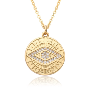 Gold plated evil eye disc pendant necklace with cubic zirconia on white background