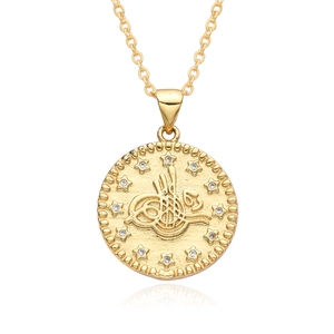 Vintage 18K gold plated coin pendant necklace with embossed stars and zircon details