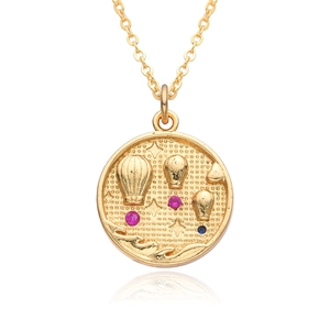 Vintage 18K gold-plated coin necklace featuring embossed hot air balloons and colorful gems