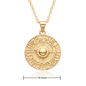 Detail shot of a 19.5mm vintage 18K gold-plated coin pendant with 12 zodiac symbols