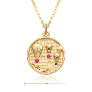 Detailed macro view of 16.8mm gold hot air balloon pendant with pink and blue gemstones