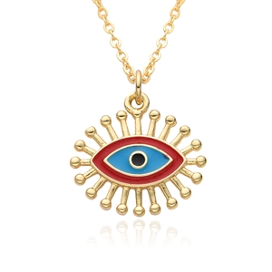 Gold plated evil eye sunburst pendant necklace with red enamel and blue eye center detail