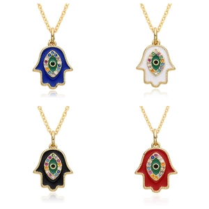 Collier Pendentif Main de Fatma Mauvais Œil Cuivre Plaqué Or Zircone Émail Amulette de Protection Bijoux Femme