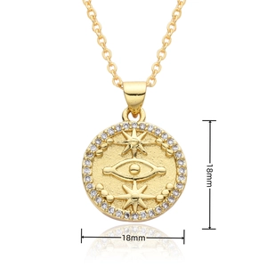 Detail of 18mm gold plated evil eye pendant with sparkling cubic zirconia inlay