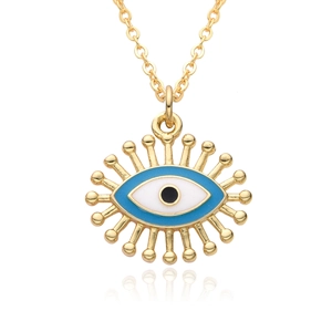 Golden Evil Eye necklace with blue pendant on fine chain, front view on white background