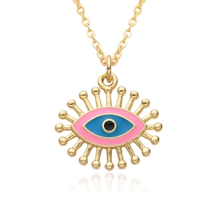 Minimalist evil eye pendant necklace in gold finish with colorful enamel inlay detail