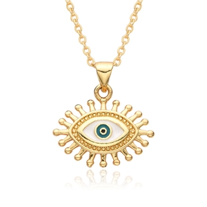 Detail of gold Evil Eye necklace with blue and white enamel and beaded sunburst edges