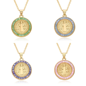 St Benedict Religious Medal Pendant Necklace For Women Vintage Gold Plated Copper Round Coin Colorful Mosaic Catholic Jewelry