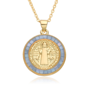 Religious Saint Benedict medal pendant necklace with purple shell and gold plating