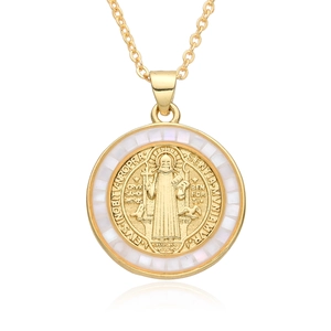 Religious St. Benedict medallion necklace in gold finish with white inlay and zircon accents