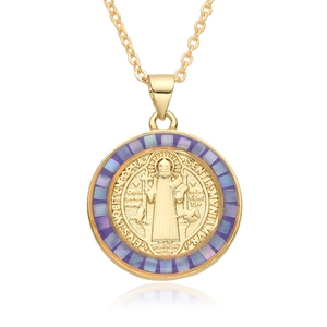 Golden Virgin Mary pendant with blue purple mosaic border on elegant thin link chain
