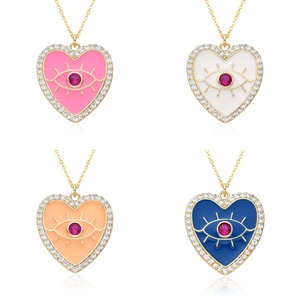 Collier Pendentif Cœur Mauvais Œil en Cuivre Plaqué Or pour Femmes Émail Zirconia Incrusté Bijoux de Mode Bohémienne