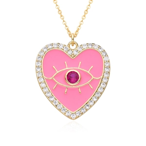 Collier pendentif cœur œil protecteur rose avec plaquage or et oxydes de zirconium