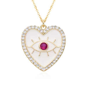 Collier cœur plaqué or avec pendentif œil, émail blanc et pierre de zircon rouge