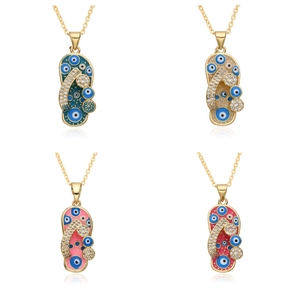 Fashion Flip-Flop Evil Eye Pendant Necklace Gold Plated Copper Enamel Rhinestone Slippers Clavicle Chain Jewelry For Women