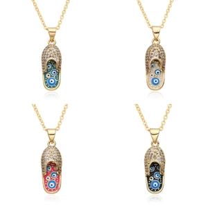 Gold Plated Copper Evil Eye Slipper Pendant Necklace For Women Micro Pave Zirconia Enamel Flip Flop Charm Necklace Jewelry