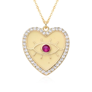 Collier cœur plaqué or avec pendentif œil, cristaux et finition émail beige