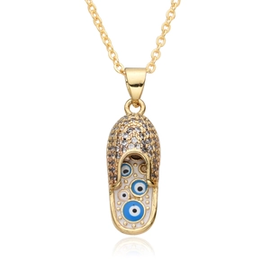 Gold-plated flip-flop pendant necklace with sparkling zircons and blue evil eye charms