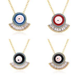 Collier Pendentif Vintage Mauvais Œil en Forme d'Éventail Pour Femme Cuivre Plaqué Or Avec Émail Coloré Zirconia