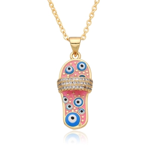 Vergoldete Halskette mit pinkfarbenem Slipper-Anhänger, Evil Eye Design und Zirkonia-Steinen