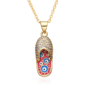 Golden flip-flop pendant necklace with micro-pave zircons and evil eye enamel charms