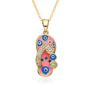 Gold flip-flop necklace with pink evil eye enamel pendant and sparkling zircon stones