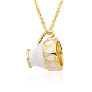 Elegant gold metal long necklace featuring a white enamel magic teacup pendant with reflection