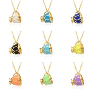 Collier Pendentif Théière Original Plaque Or Cuivre Email Motif Geometrique Longue Chaine Bijoux de Mode Cadeau pour Femme