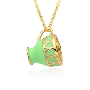 Elegant gold magic teacup pendant necklace with green enamel and geometric cutout design
