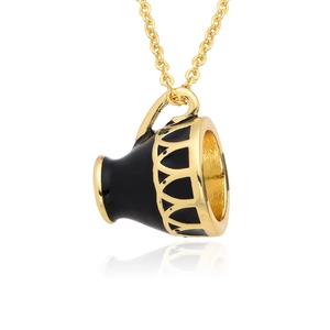 Detailed macro shot of a black enamel tea cup pendant with elegant gold plated hollow pattern