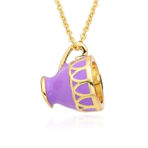 Close-up of purple enamel teacup pendant with gold hollow lattice and matching chain
