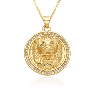 Vintage goldene Löwenkopf-Halskette mit grünen Edelsteinaugen und weißen Zirkonia-Steinen