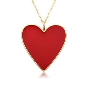 Collier minimaliste avec pendentif cœur en émail rouge et chaîne dorée 14K
