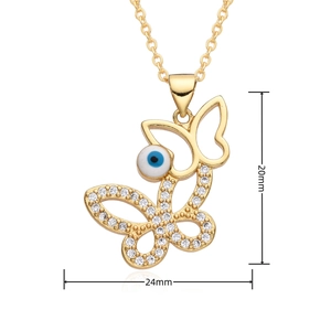 Dettaglio pendente a farfalla dorata 20x24mm con occhio blu e zirconi incastonati