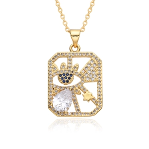 Detail of 18k gold Hamsa Hand pendant with zircon and blue gemstones on O-chain