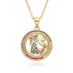Close-up of 18k gold plated mermaid mother child pendant with colorful zircon stones