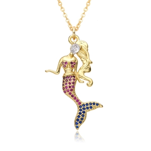 Elegant 18k gold mermaid pendant necklace with colorful cubic zirconia stones