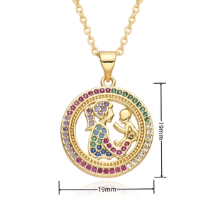 Detailed 19mm gold pendant showing mother and baby with multi-colored zircon stones