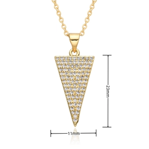 Detail showing 23mm by 11mm gold triangle pendant with sparkling pave set stones