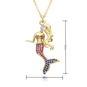 Detail view of 18k gold mermaid pendant with colorful zircons and size dimensions