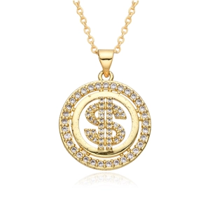 Collier avec pendentif signe dollar en zircons dorés sur une chaîne fine minimaliste