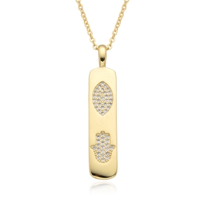 Goldene Halskette mit Hamsa Hand und Evil Eye Anhänger, verziert mit glänzenden Kristallen