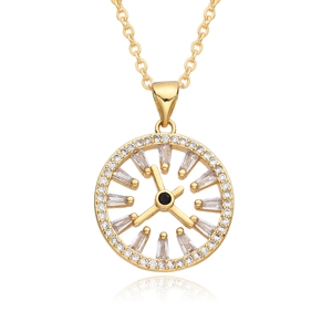 Golden micro-pave zircon clock pendant necklace with black gemstone compass dial