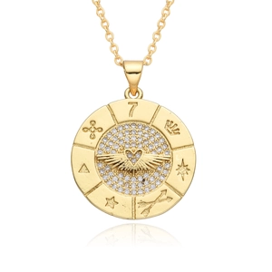 Micro-pasted zircon clock pendant with winged heart and 18K gold plated lucky compass