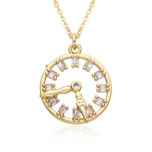 Golden micro-pave zircon clock pendant necklace with lucky compass design on white background
