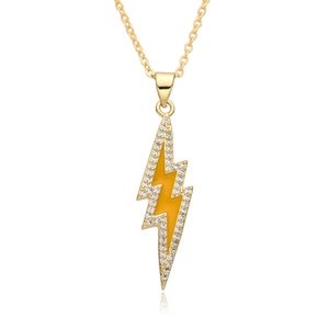 18K gold plated lightning bolt pendant necklace with yellow enamel and white zircon stones