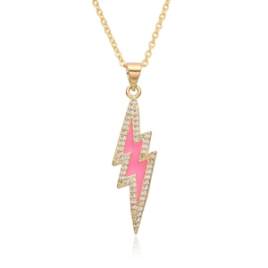 18K gold plated lightning pendant necklace with pink enamel and sparkling zircon accents