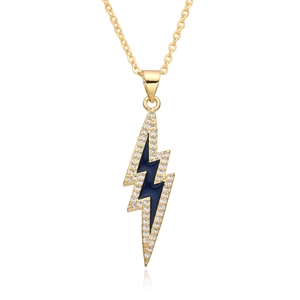 Elegant 18K gold plated necklace with blue enamel lightning bolt pendant and zircon stones
