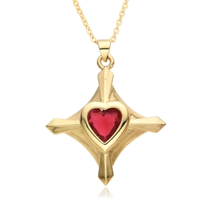 Gold-plated cross heart necklace with micro-p鑲ed red zircon stone on white background